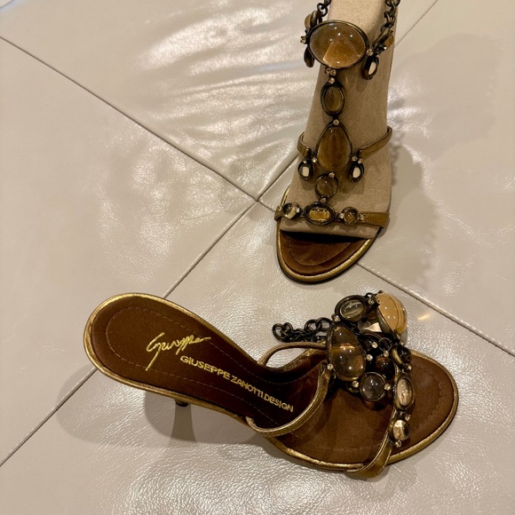 Giuseppe Zanotti Vicini Gold Jeweled Brown Leather Mule Sandals Heels - Picture 4 of 7